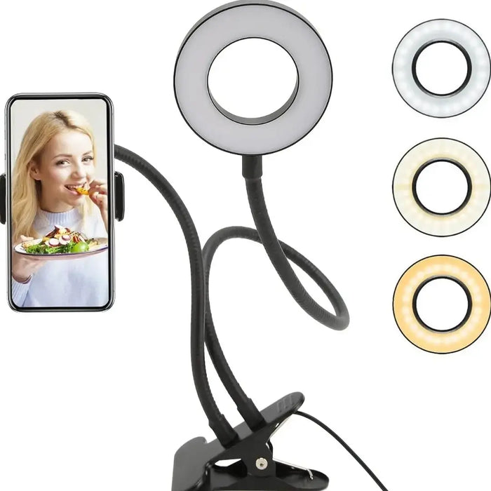 LED Camera Light, 5000K 10 Levels Brightness USB Selfie Light with Phone Holder