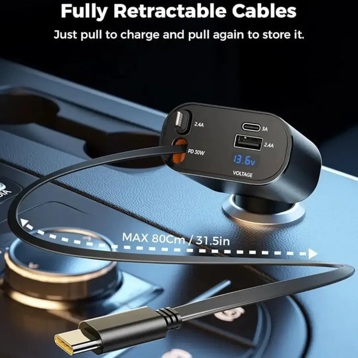 Retractable Car Charger 4-in-1 Fast Charging Car Charger with 180° Adjustable Design