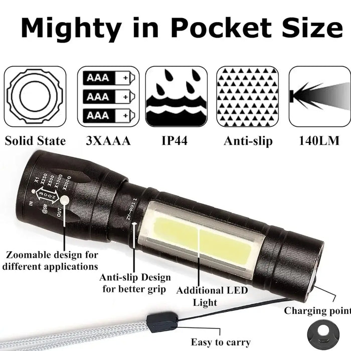 Zoomable Handheld XPE+COB Mini USB Re charge able Led Flashlight Torch (Black)