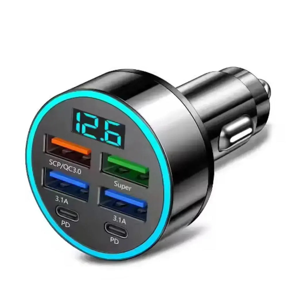 USB C Car Charger Adapter 6 in 1 – 250W Multi-Port with Voltage Display, Super Fast Charging for All Devices