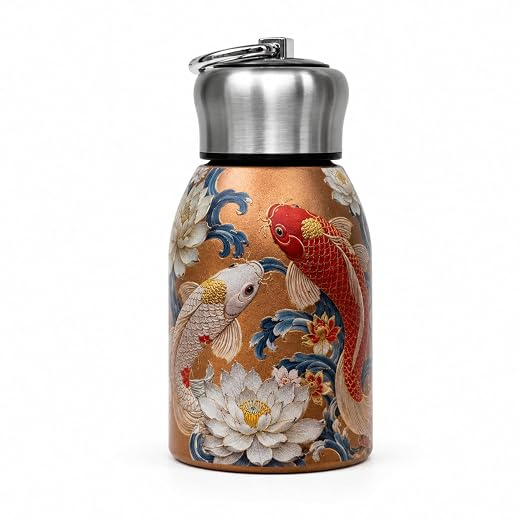 Decorative insulated bottle with koi fish and floral pattern