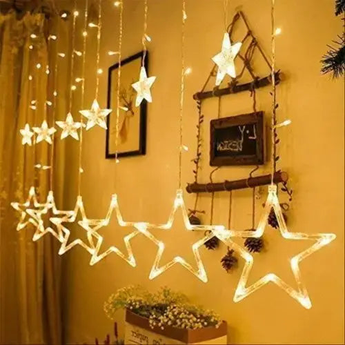 12 Stars Curtain String Lights – Golden Window Decoration with 8 Flashing Modes