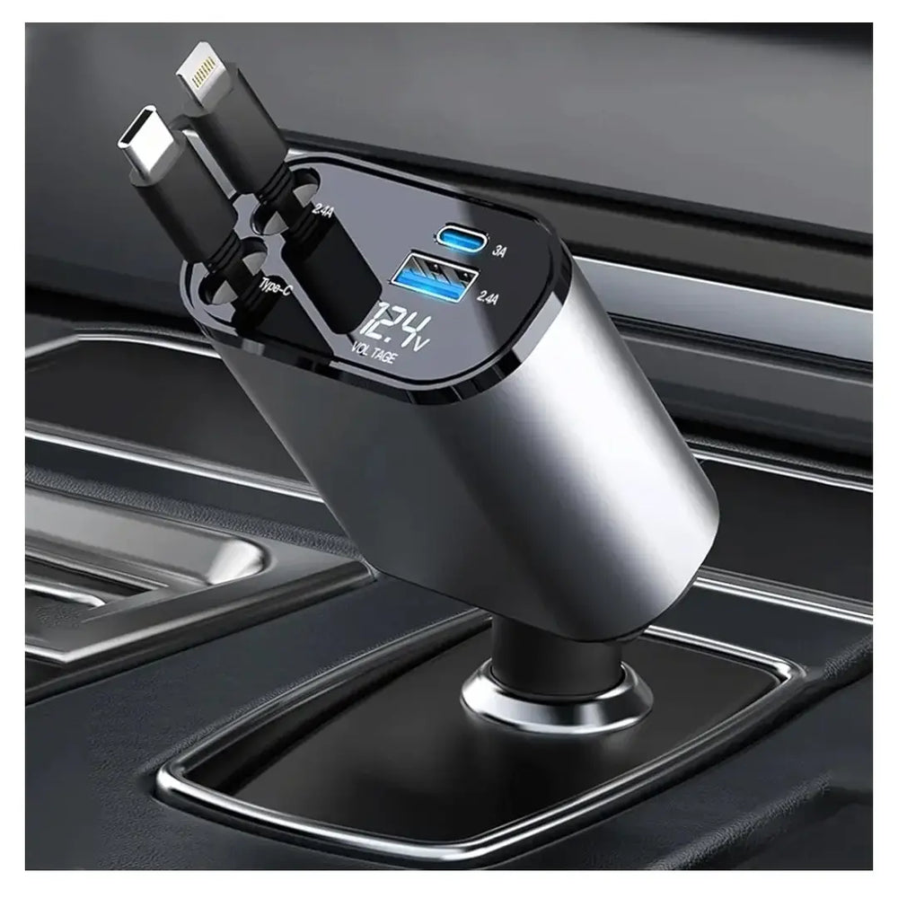 Retractable Car Charger 4-in-1 Fast Charging Car Charger with 180° Adjustable Design